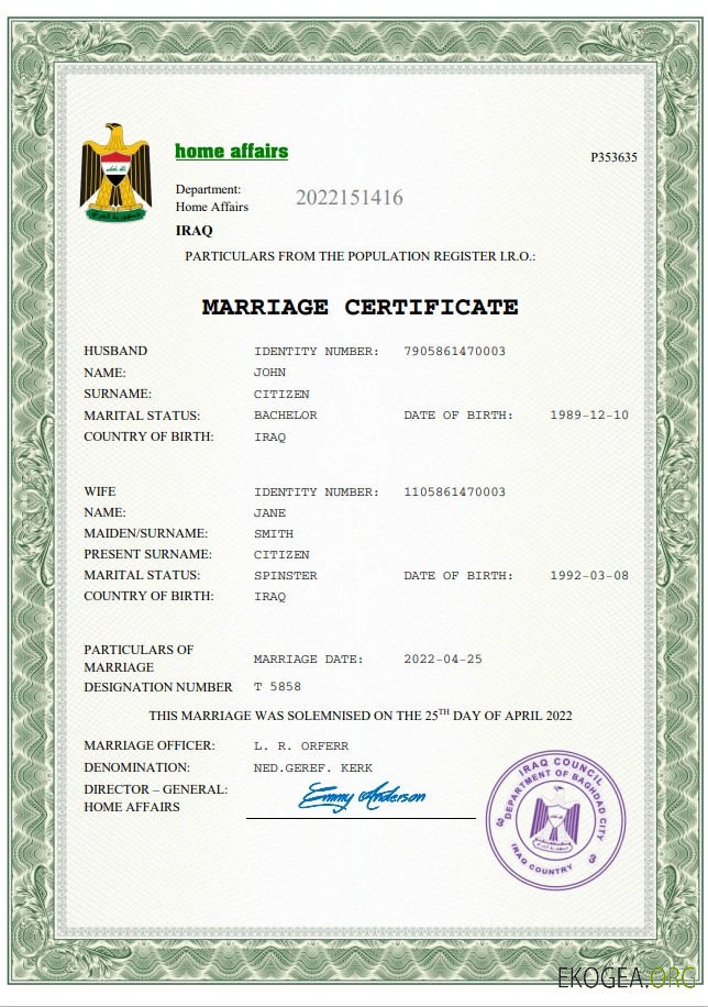 Modèle Word et PDF de certificat de mariage en Irak